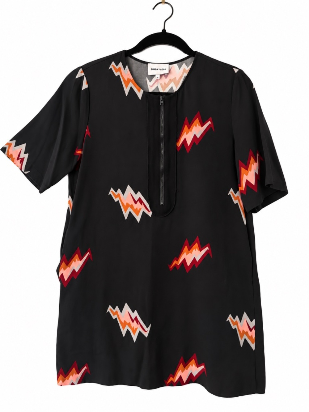 Bimbo Y Lola Tunic Top Blouse Zip Placket Pockets Black Abstract Popover Fall